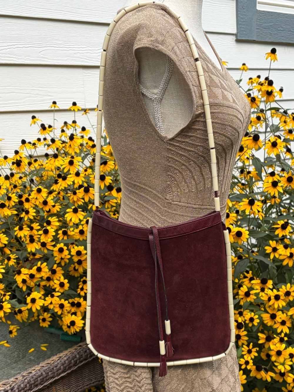Vintage Grandini Italy Burgundy Suede 1970s Beaded Shoulder Bucket Bag Purse 70s